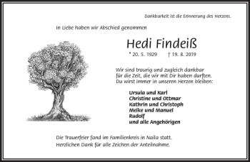 Traueranzeige von Hedi Findeiß von Frankenpost