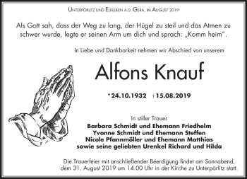 Traueranzeige von Alfons Knauf von Südthüringer Presse