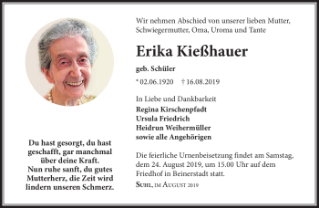 Traueranzeige von Erika Kießhauer von Südthüringer Presse