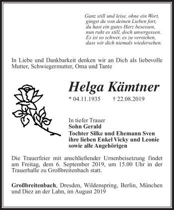 Traueranzeige von Helga Kämtner von Südthüringer Presse