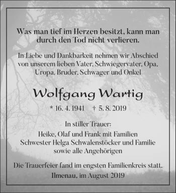 Traueranzeige von Wolfgang Wartig von Südthüringer Presse