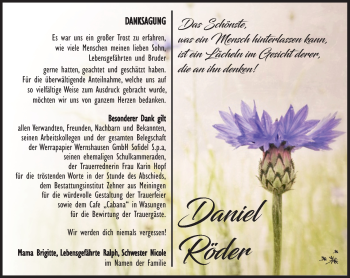 Traueranzeige von Daniel Röder von Südthüringer Presse