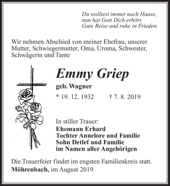 Traueranzeige von Emmy Griep von Südthüringer Presse