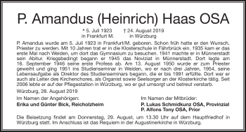 Traueranzeige von P. Amandus Heinrich Haas OSA von Frankenpost