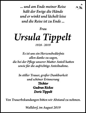 Traueranzeige von Ursula Tippelt von Südthüringer Presse
