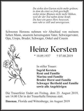 Traueranzeige von Heinz Kersten von Südthüringer Presse