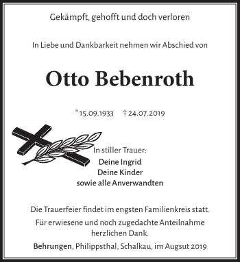 Traueranzeige von Otto Bebenroth von Südthüringer Presse