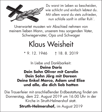 Traueranzeige von Klaus Weisheit von Südthüringer Presse