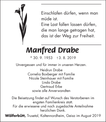 Traueranzeige von Manfred Drabe von Südthüringer Presse