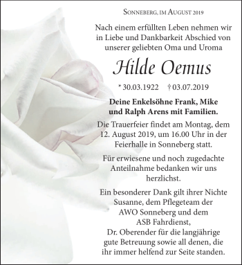 Traueranzeige von Hilde Oemus von Südthüringer Presse