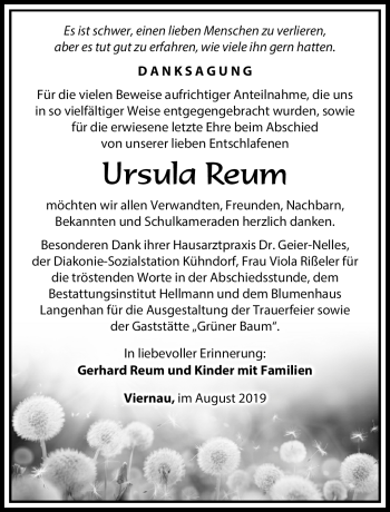 Traueranzeige von Ursula Reum von Südthüringer Presse