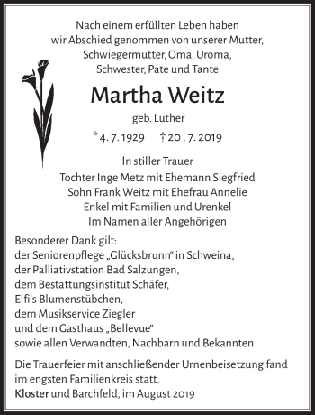 Traueranzeige von Martha Weitz von Südthüringer Presse