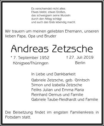 Traueranzeige von Andreas Zetzsche von Südthüringer Presse