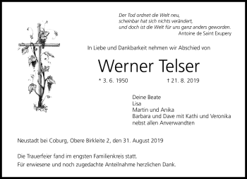 Traueranzeige von Werner Telser von Neue Presse Coburg