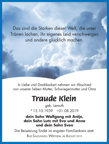 Traueranzeige von Traude Klein von Südthüringer Presse