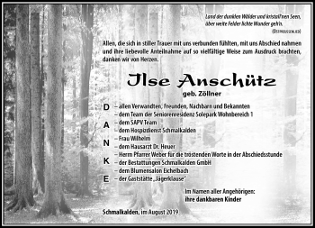 Traueranzeige von Ilse Anschütz von Südthüringer Presse