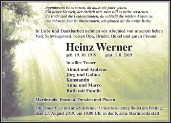 Traueranzeige von Heinz Werner von Südthüringer Presse