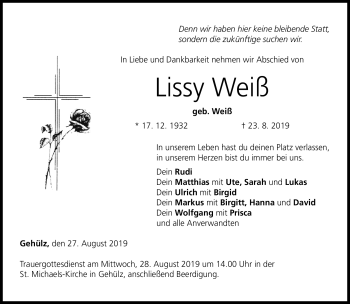 Traueranzeige von Lissy Weiß von Neue Presse Coburg