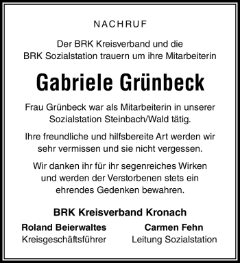 Traueranzeige von Gabriele Grünbeck von Neue Presse Coburg