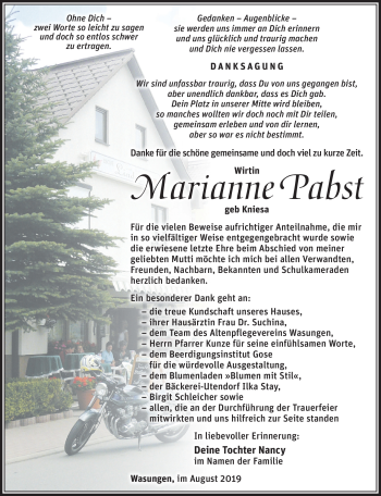 Traueranzeige von Marianne Pabst von Südthüringer Presse