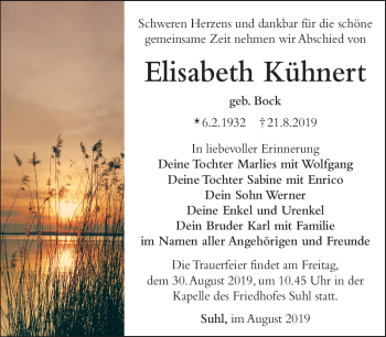 Traueranzeige von Elisabeth Kühnert von Südthüringer Presse