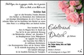 Traueranzeige von Elfriede Dutsch von Südthüringer Presse