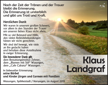 Traueranzeige von Klaus Landgraf von Südthüringer Presse
