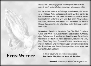 Traueranzeige von Erna Werner von Südthüringer Presse