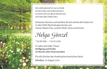 Traueranzeige von Helga Günzel von Südthüringer Presse