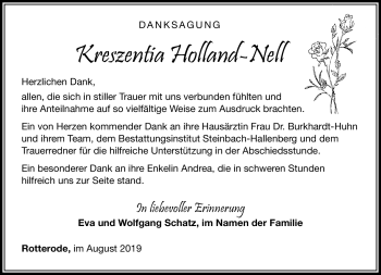 Traueranzeige von Kreszentia Holland-Nell von Südthüringer Presse