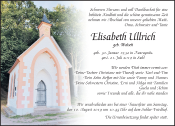 Traueranzeige von Elisabeth Ullrich von Südthüringer Presse