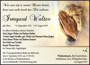 Traueranzeige von Irmgard Walter von Südthüringer Presse