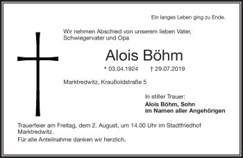Traueranzeige von Alois Böhm von Frankenpost