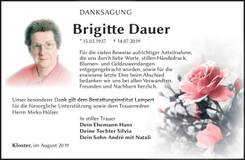 Traueranzeige von Brigitte Dauer von Südthüringer Presse