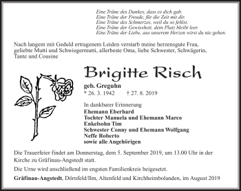 Traueranzeige von Brigitte Risch von Südthüringer Presse