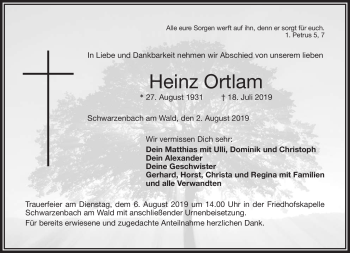 Traueranzeige von Heinz Ortlam von Frankenpost