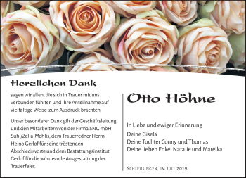 Traueranzeige von Otto Höhne von Südthüringer Presse