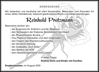 Traueranzeige von Reinhold Protzmann von Südthüringer Presse