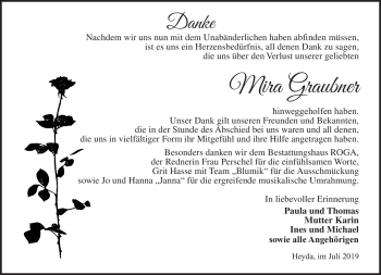 Traueranzeige von Mira Graubner von Südthüringer Presse