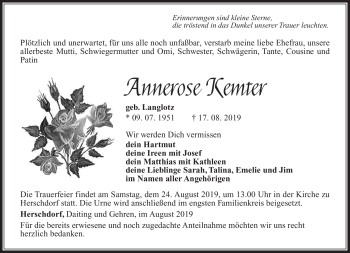Traueranzeige von Annerose Kemter von Südthüringer Presse
