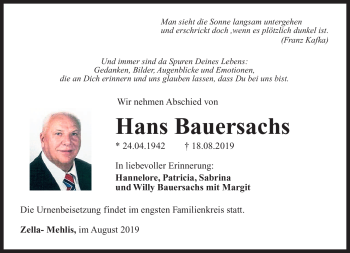 Traueranzeige von Hans Bauersachs von Südthüringer Presse