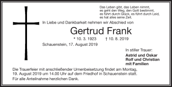 Traueranzeige von Gertrud Frank von Frankenpost