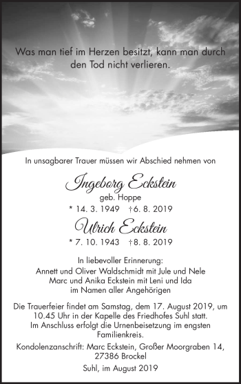 Traueranzeige von IngeborgUlrich EcksteinEckstein von Südthüringer Presse