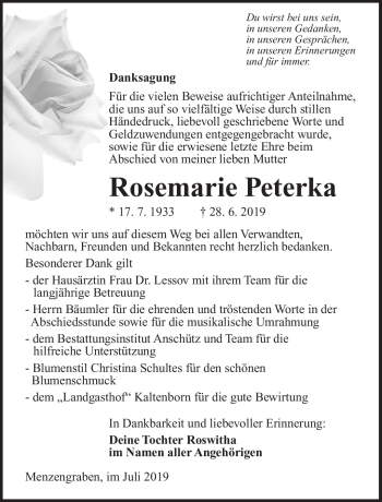 Traueranzeige von Rosemarie Peterka von Südthüringer Presse