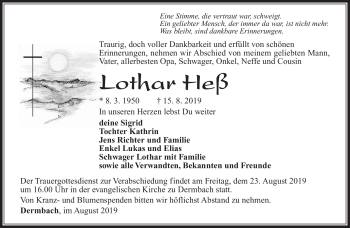 Traueranzeige von Lothar Heß von Südthüringer Presse