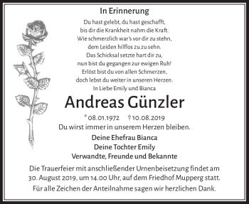 Traueranzeige von Andreas Günzler von Südthüringer Presse