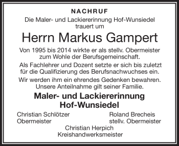 Traueranzeige von Markus Gampert von Frankenpost