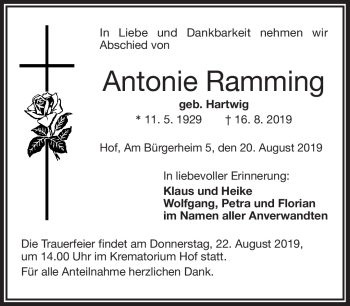 Traueranzeige von Antonie Ramming von Frankenpost