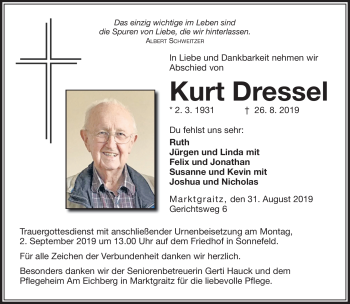 Traueranzeige von Kurt Dressel von Neue Presse Coburg