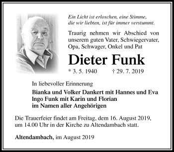 Traueranzeige von Dieter Funk von Südthüringer Presse